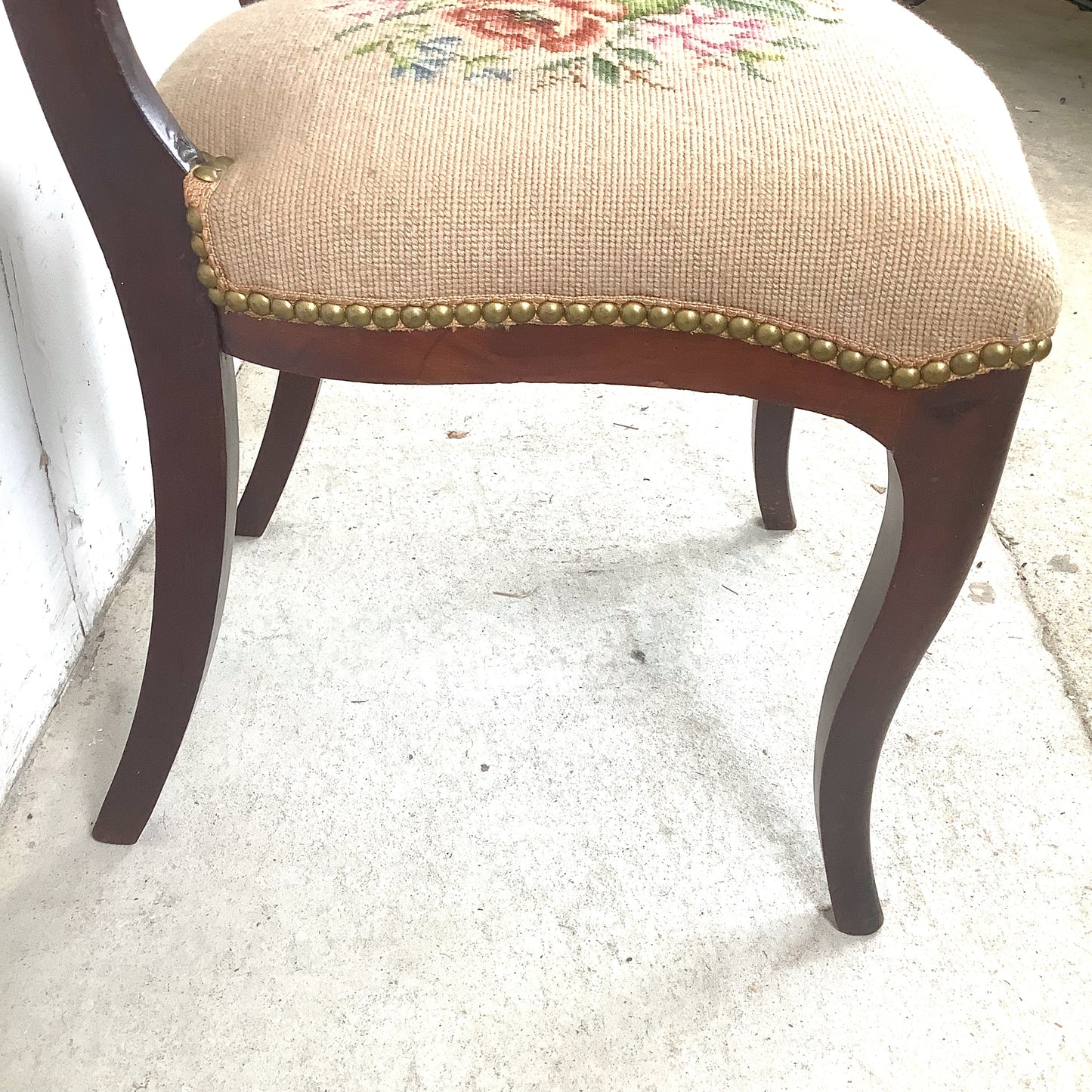  Vintage Chippendale Style Mahogany Side Chair with Floral Needlepoint Upholstered Seat