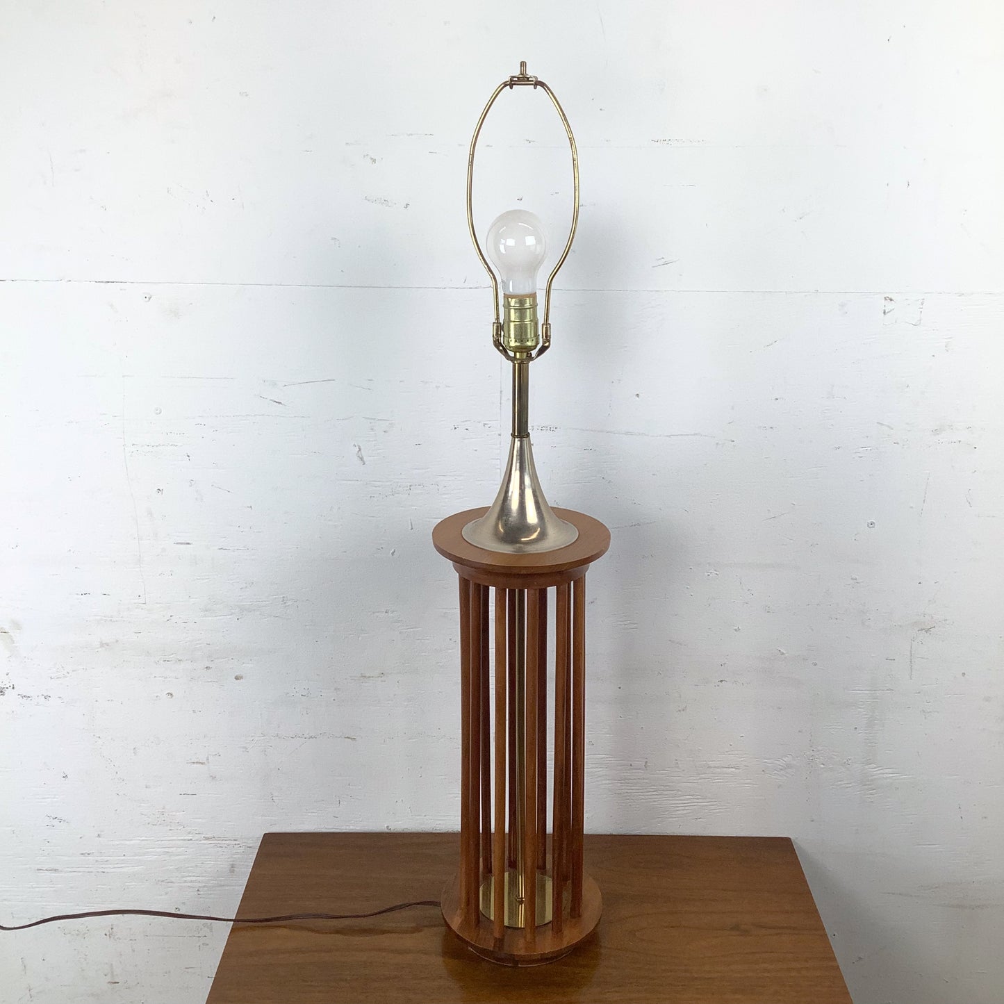 Vintage Mid-Century Walnut Dowel Table Lamp with Linen Drum Shade