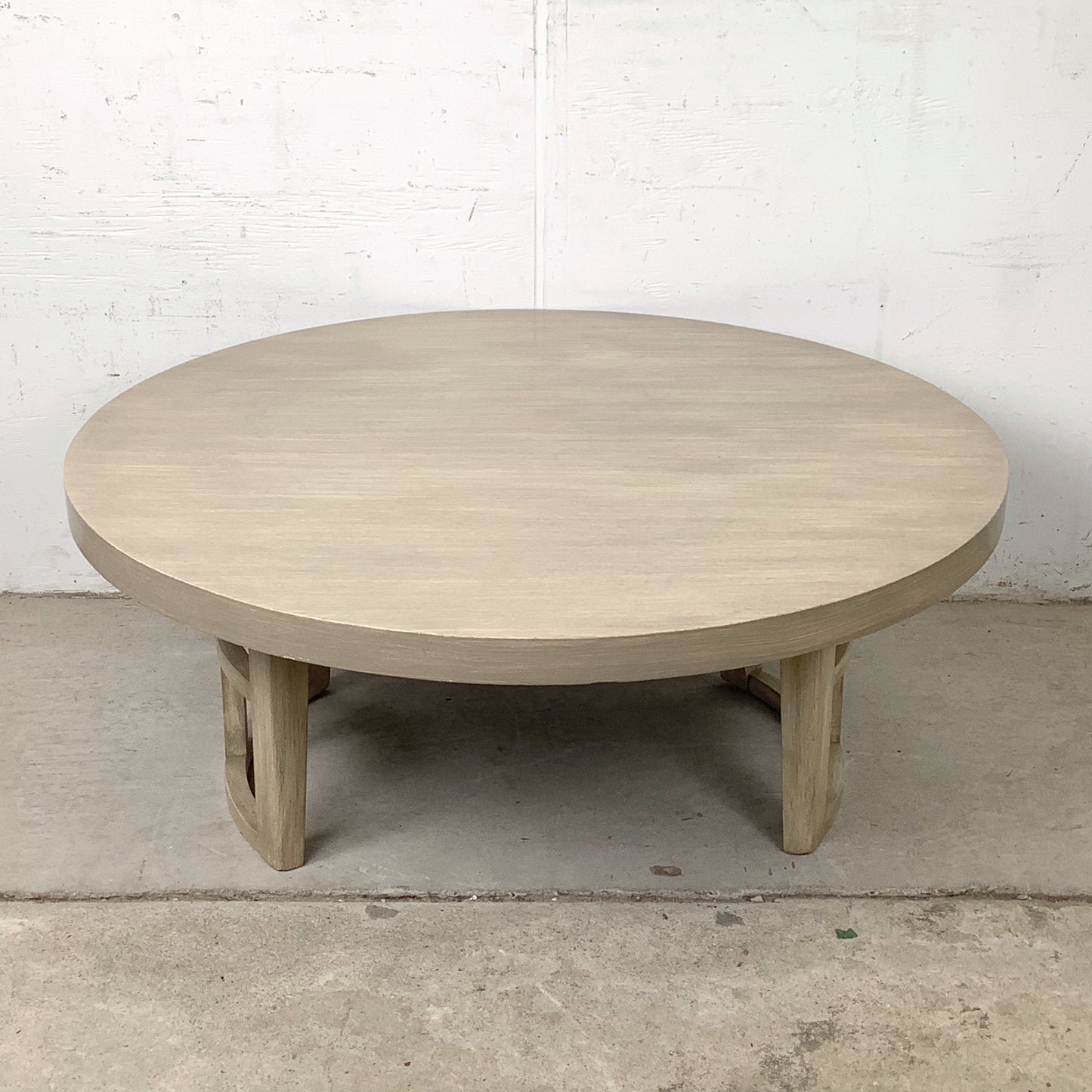 Vintage Round Low Coffee Table | Cerused Finish | Arch Form Base | Circular Stretcher