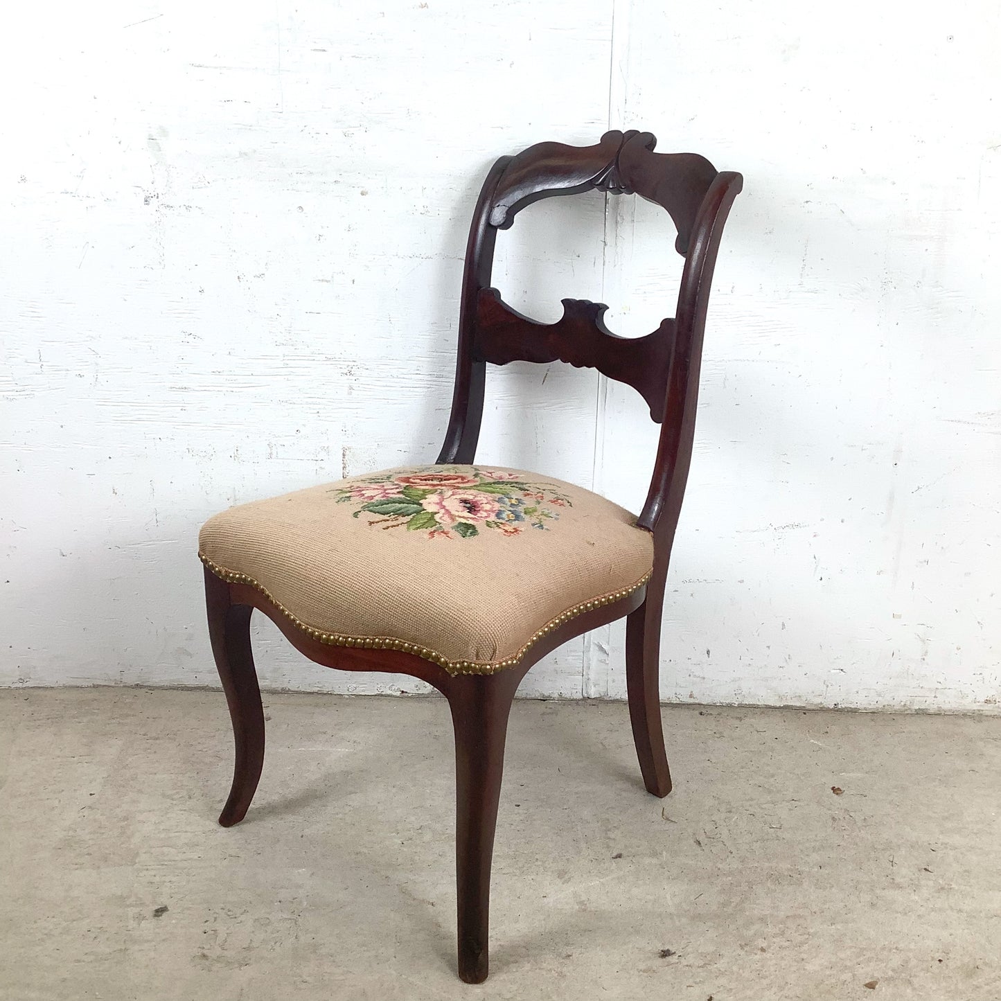  Vintage Chippendale Style Mahogany Side Chair with Floral Needlepoint Upholstered Seat