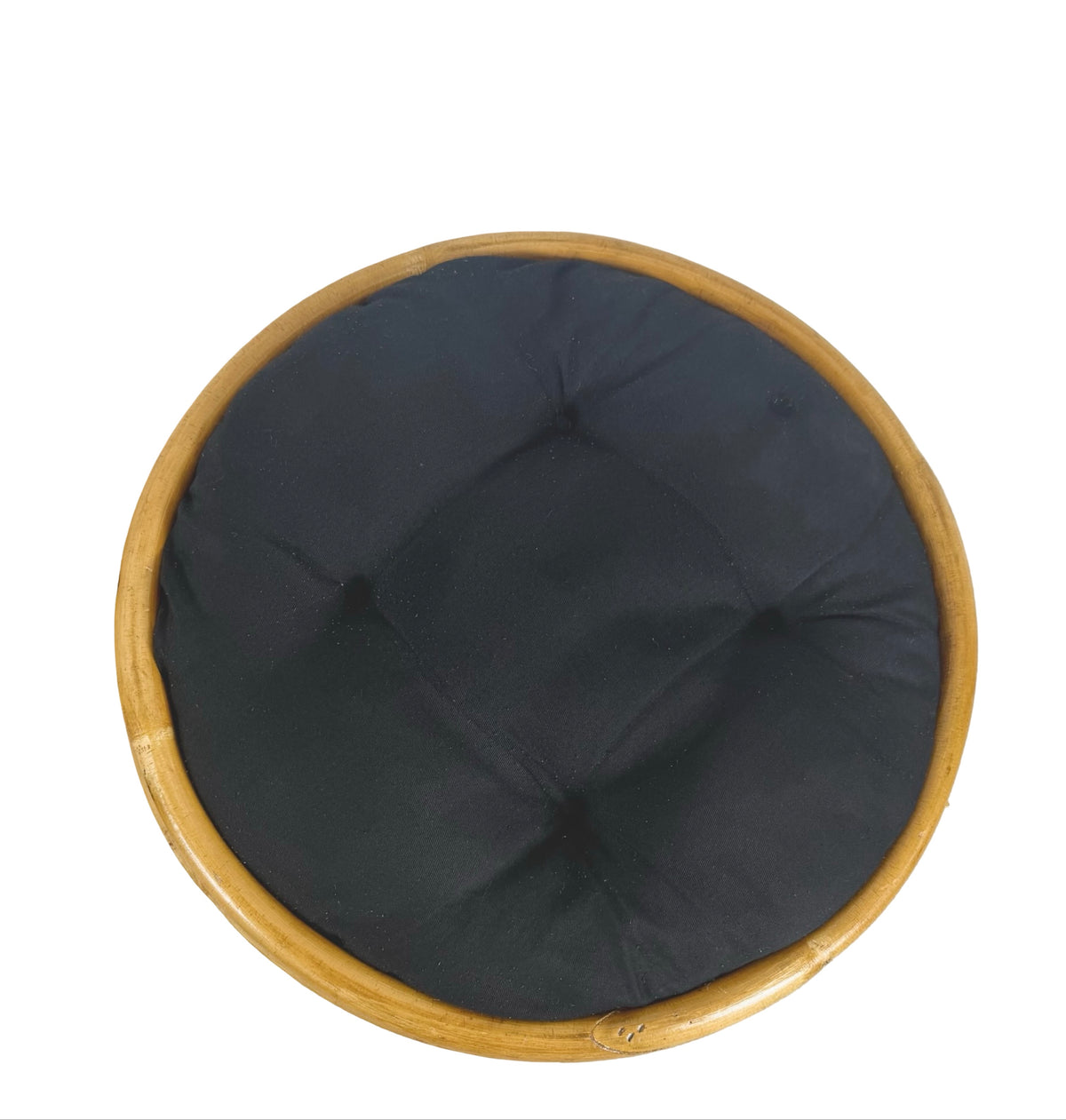 Pair of Vintage Rattan Bamboo Round Ottoman Footstools with Black Cushions, 1970s
