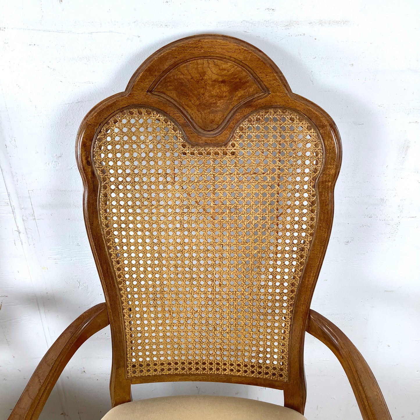 Pair of Vintage Provincial High-Back Cane Armchairs — Walnut, Burlwood Crest, 1970s