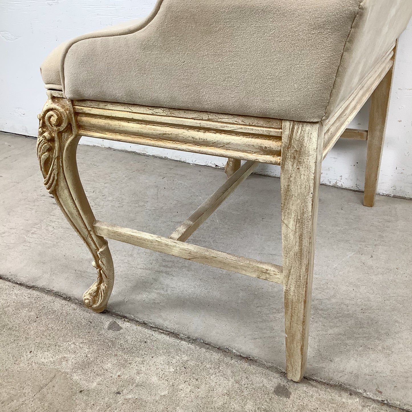 French-Inspired Decorator Bench with Carved Wood Frame
