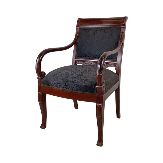 Empire Style Mahogany Armchair | Carved Acanthus Frame | Black Damask Upholstery | Neoclassical