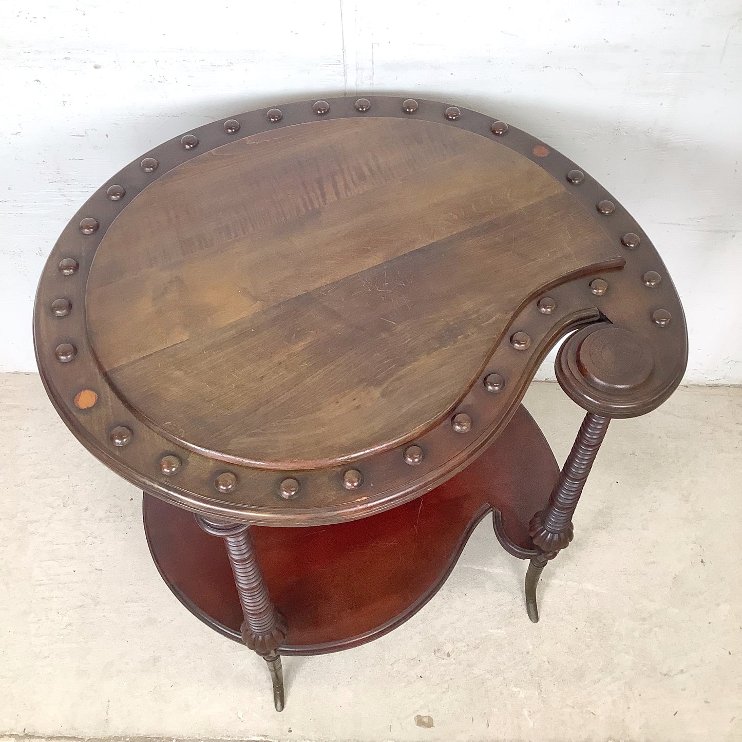 Antique Mahogany Two-Tier Kidney Table | Bobbin Turning | Brass Sabre Feet