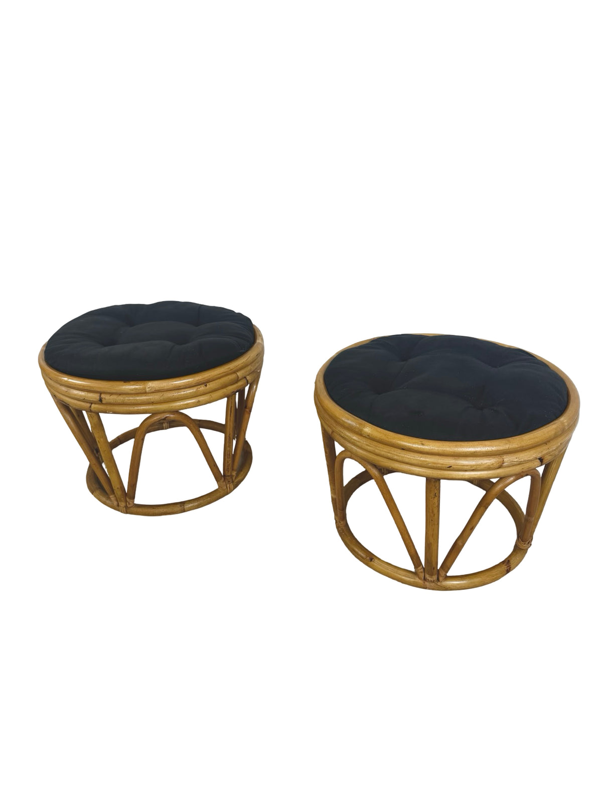 Pair of Vintage Rattan Bamboo Round Ottoman Footstools with Black Cushions, 1970s