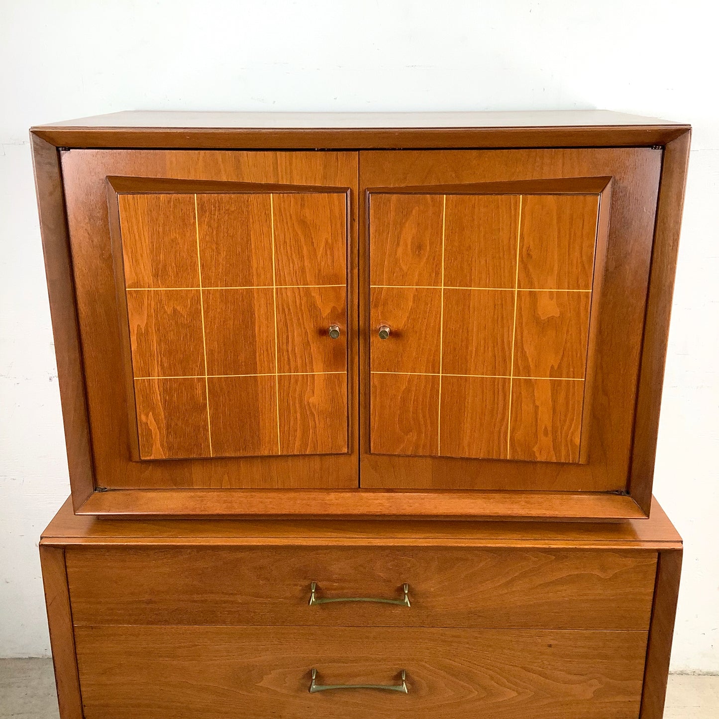 Mid-Century Walnut Highboy With Brass Pulls and Interior Drawers