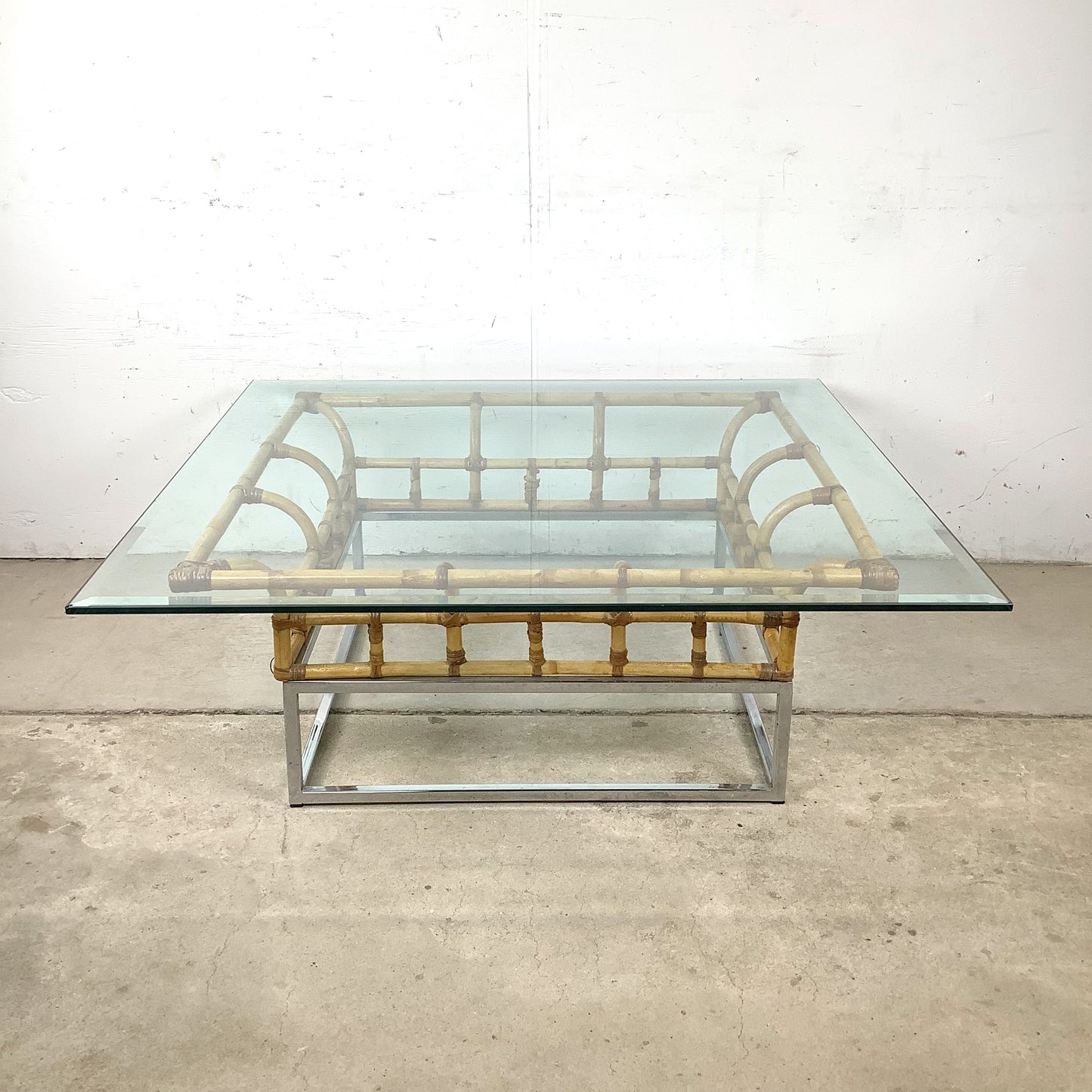 Vintage Hollywood Regency Bamboo, Chrome, and Glass Square Coffee Table