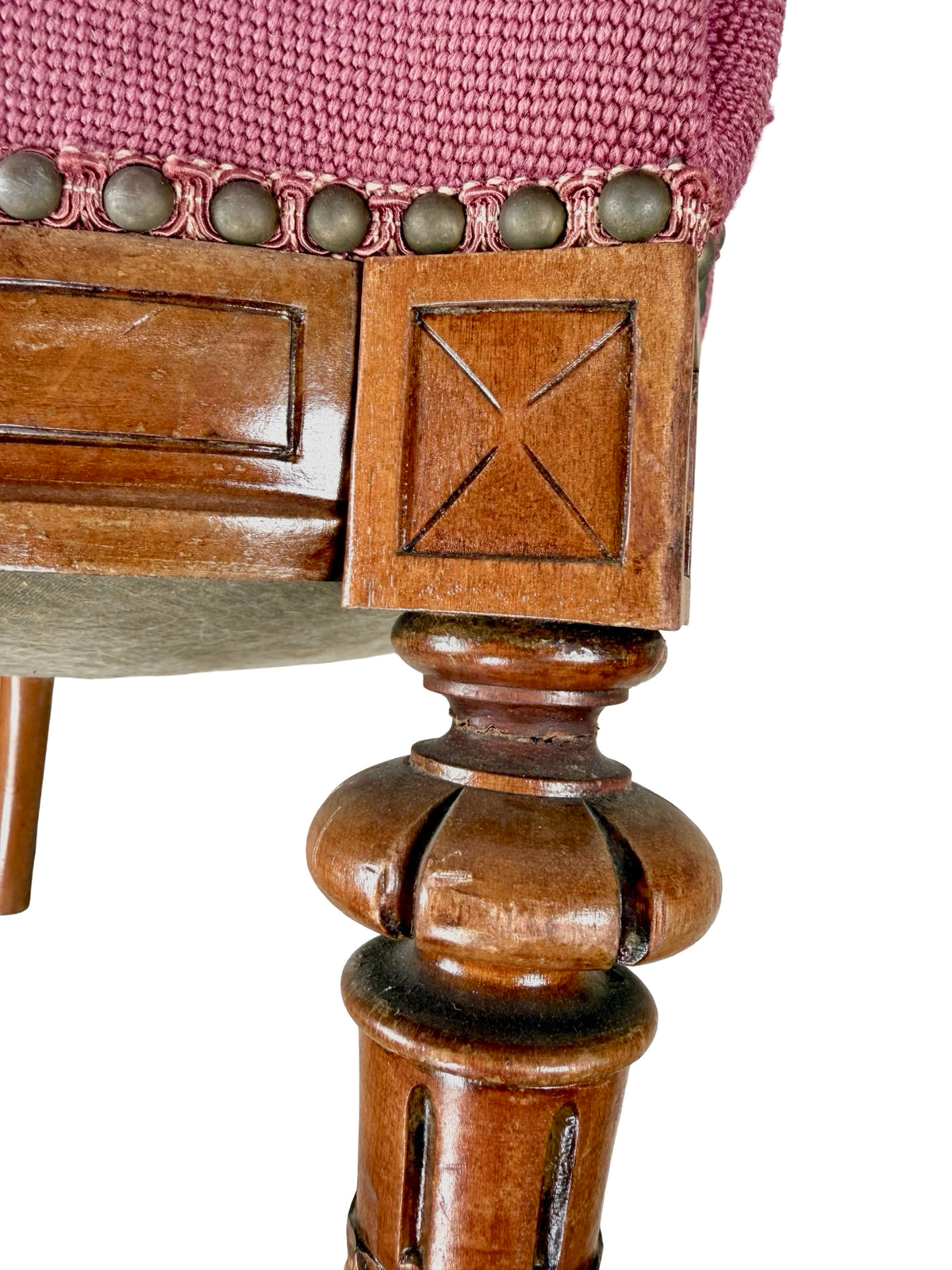 Vintage Renaissance Revival Carved Armchair with Burgundy Floral Upholstery