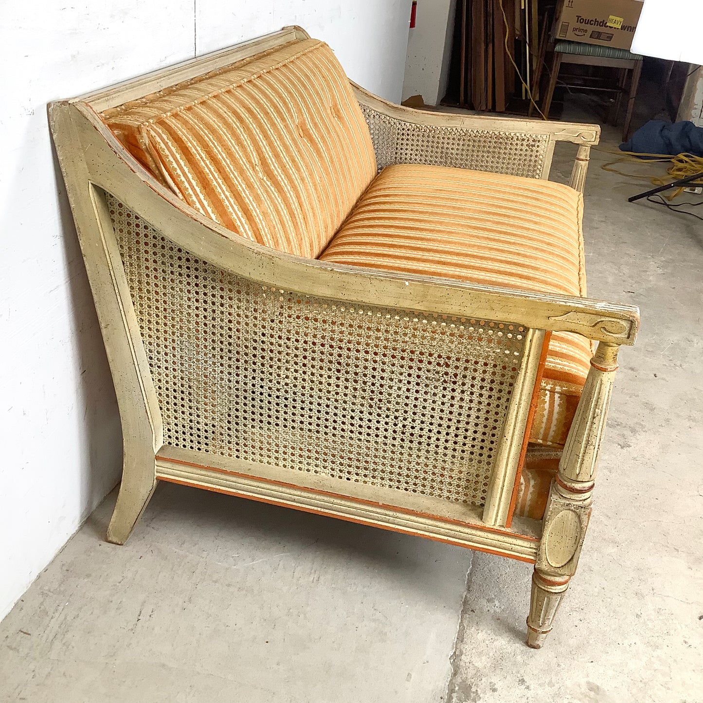 French Louis XVI Style Cane Settee With Elegant Striped Upholstery