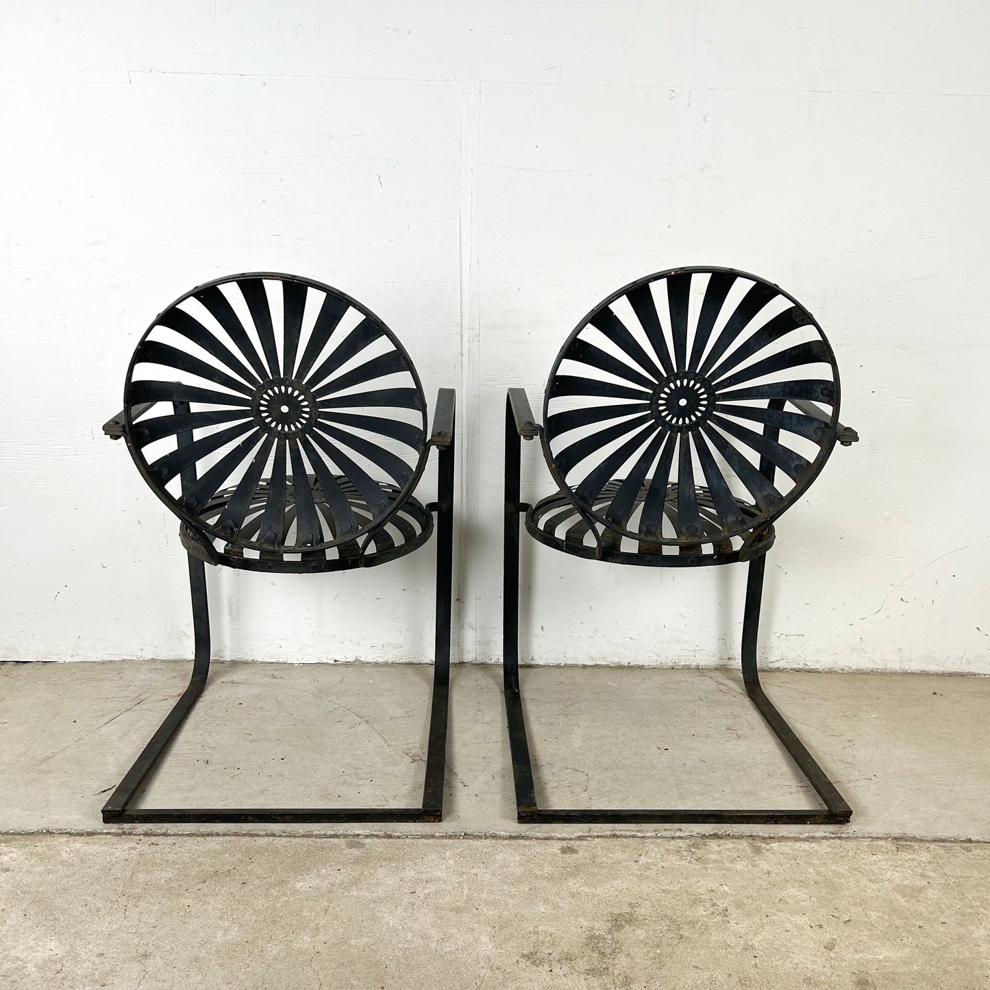Pair of Vintage Black Cantilever Patio Chairs – French Modern Style Attributed to François Carré