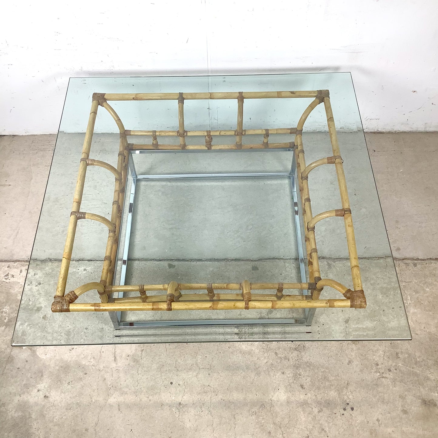 Vintage Hollywood Regency Bamboo, Chrome, and Glass Square Coffee Table