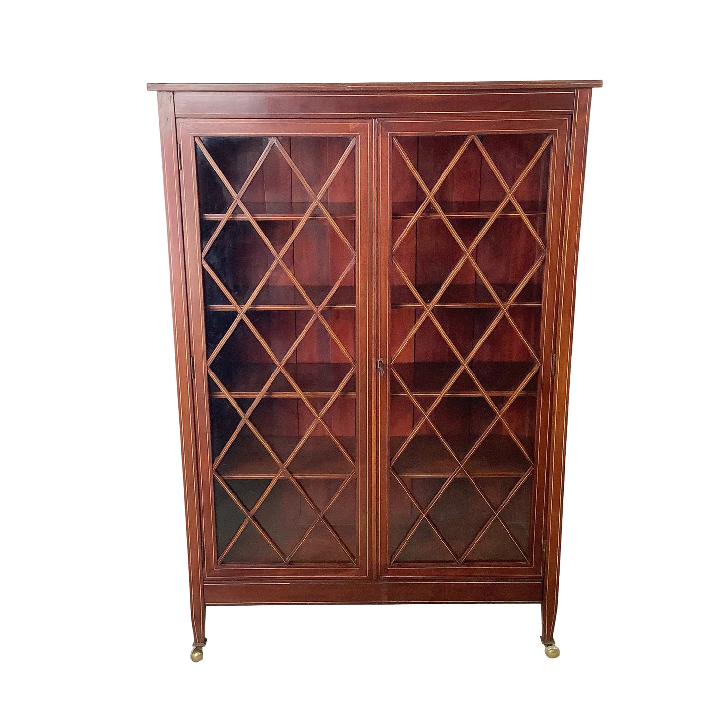 Edwardian Revival Mahogany Diamond Lattice Glazed Bookcase | Satinwood Inlay | Brass Casters