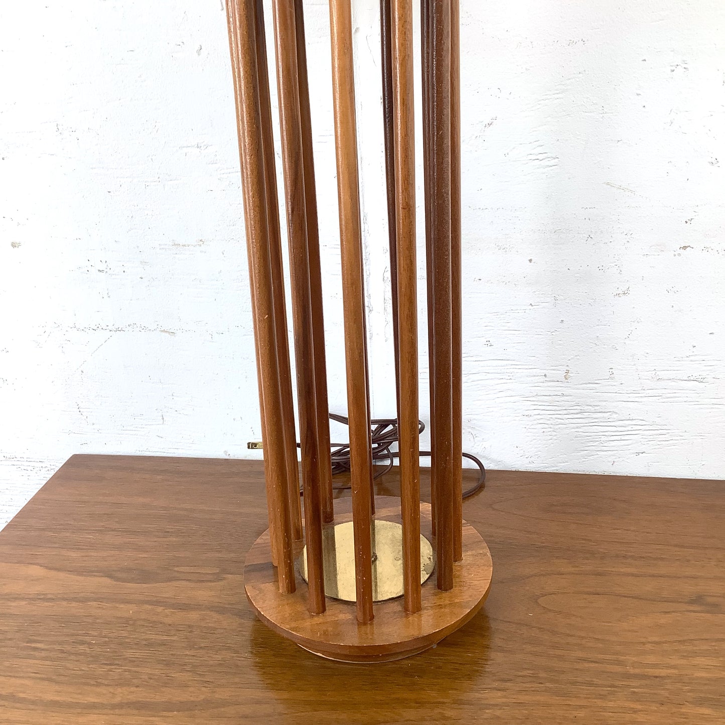 Vintage Mid-Century Walnut Dowel Table Lamp with Linen Drum Shade