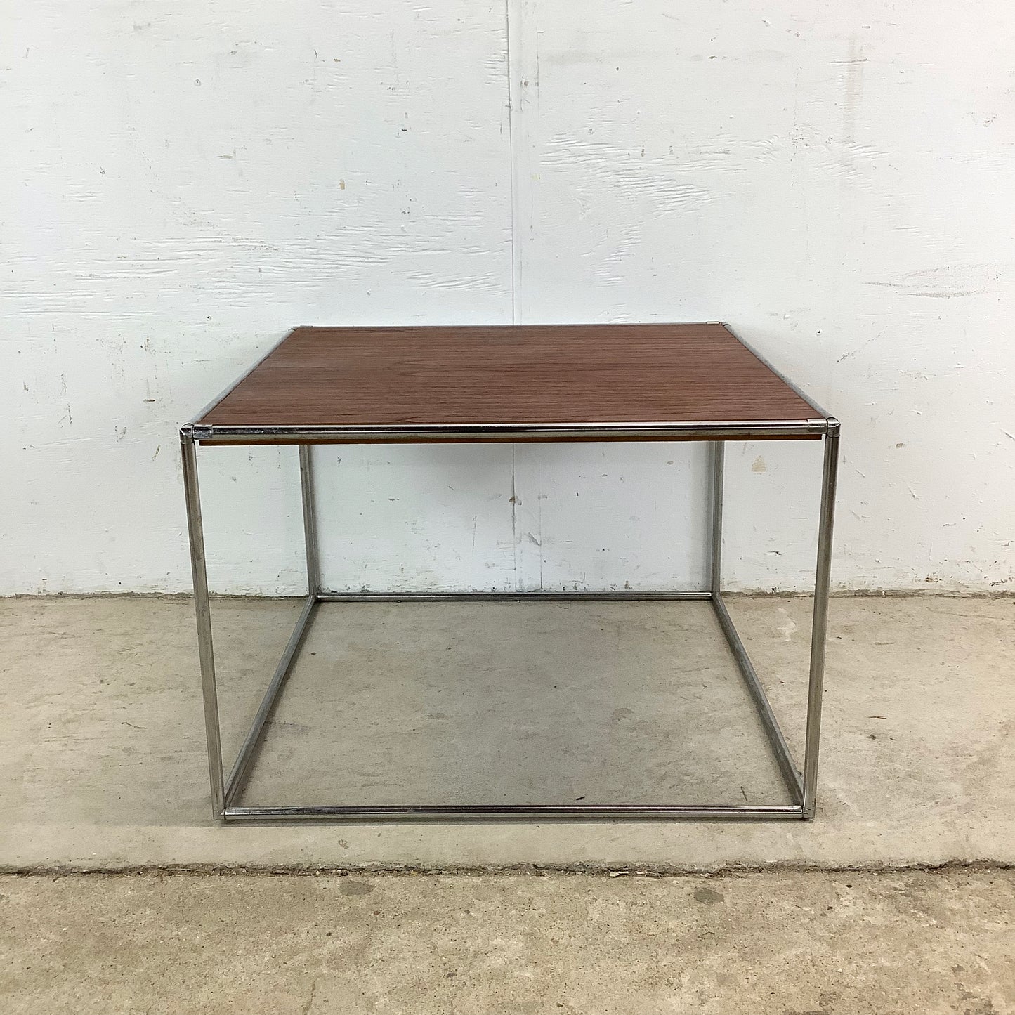 Vintage Chrome Cube Frame Table With Walnut Top