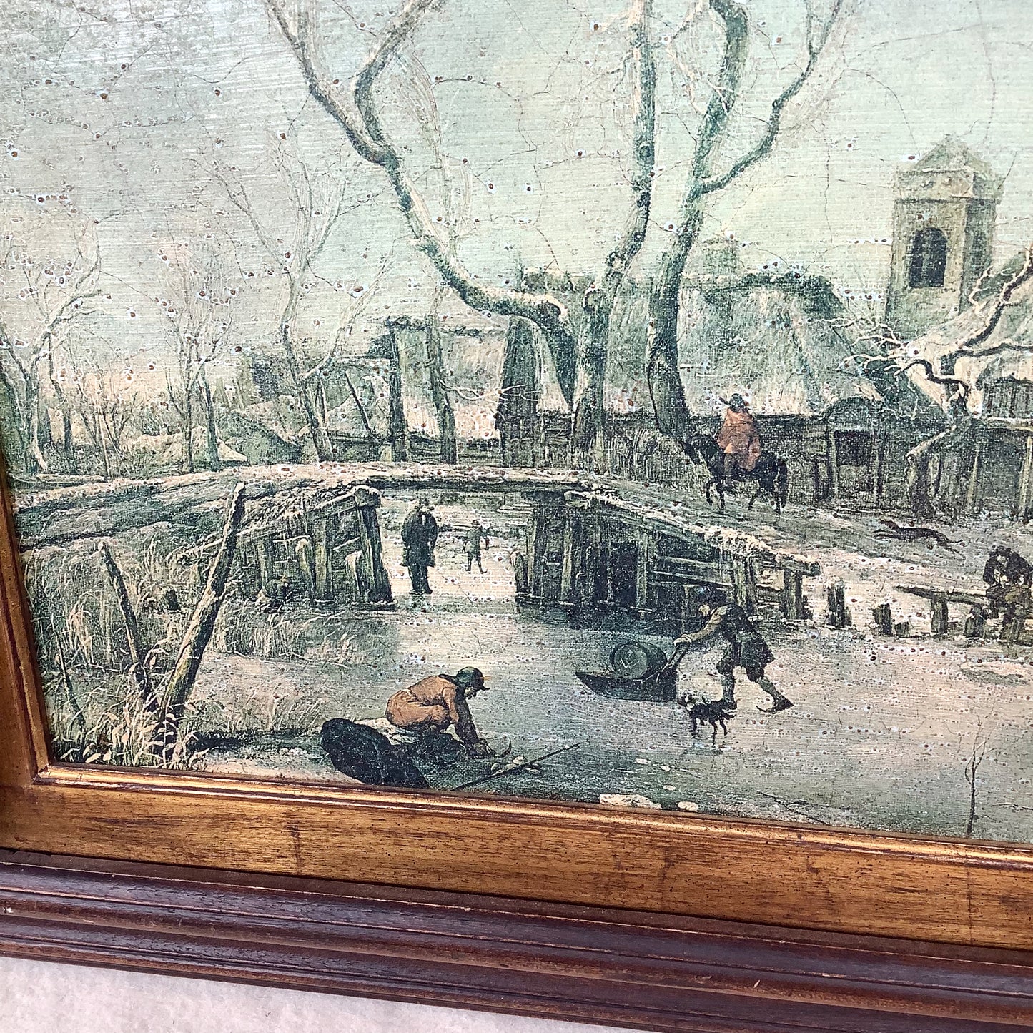 Antique Framed Winter Village Landscape, European Decorative Print