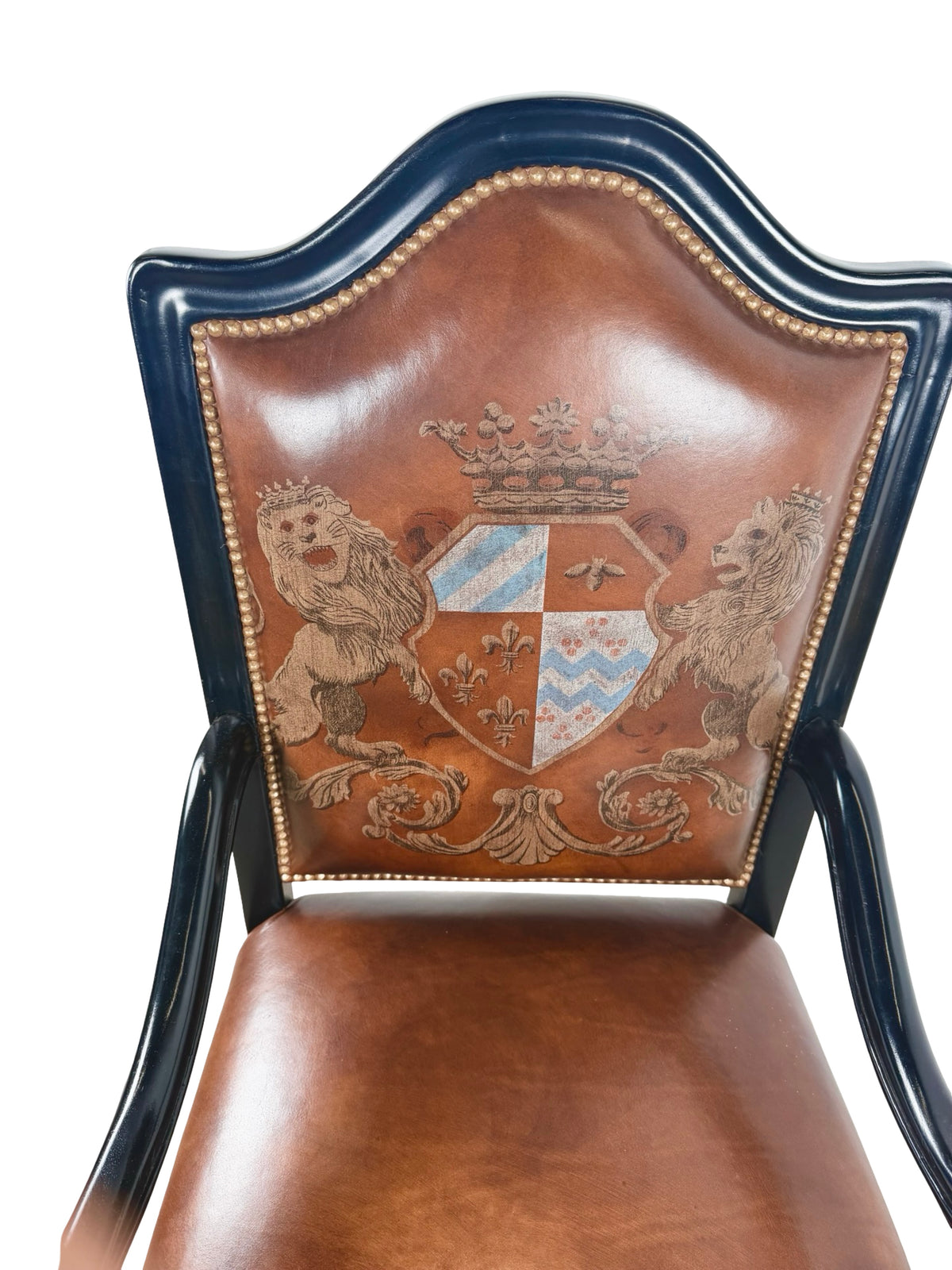 Ferguson Copeland Carved Wood & Leather Crest Armchair