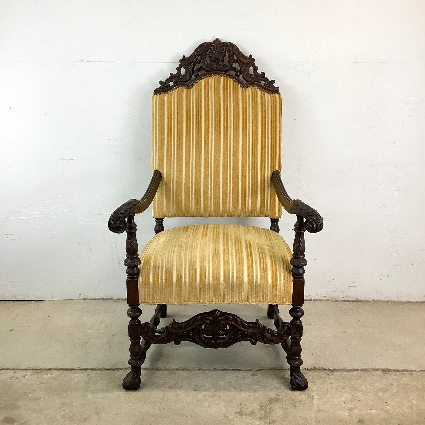 Grand Louis XIV-Style Throne Chair with Striped Fabric