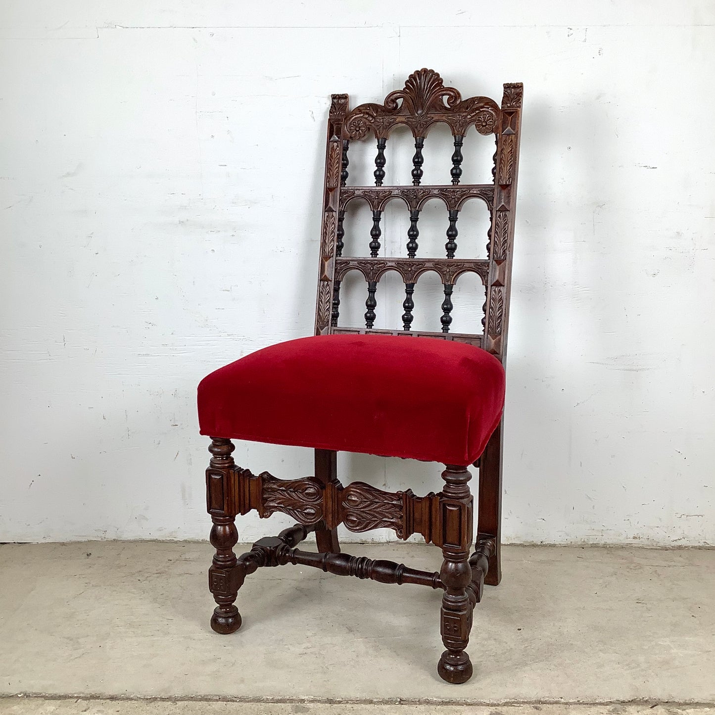 Antique Victorian Walnut Side Chair with Plush Red Velvet Upholstery