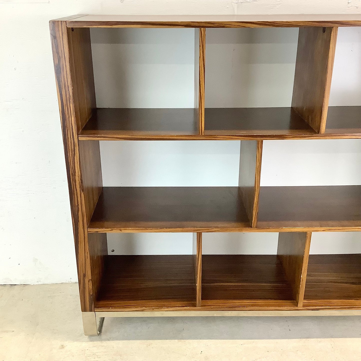 Modern Zebrawood Cube Shelf with Chrome Sled Base