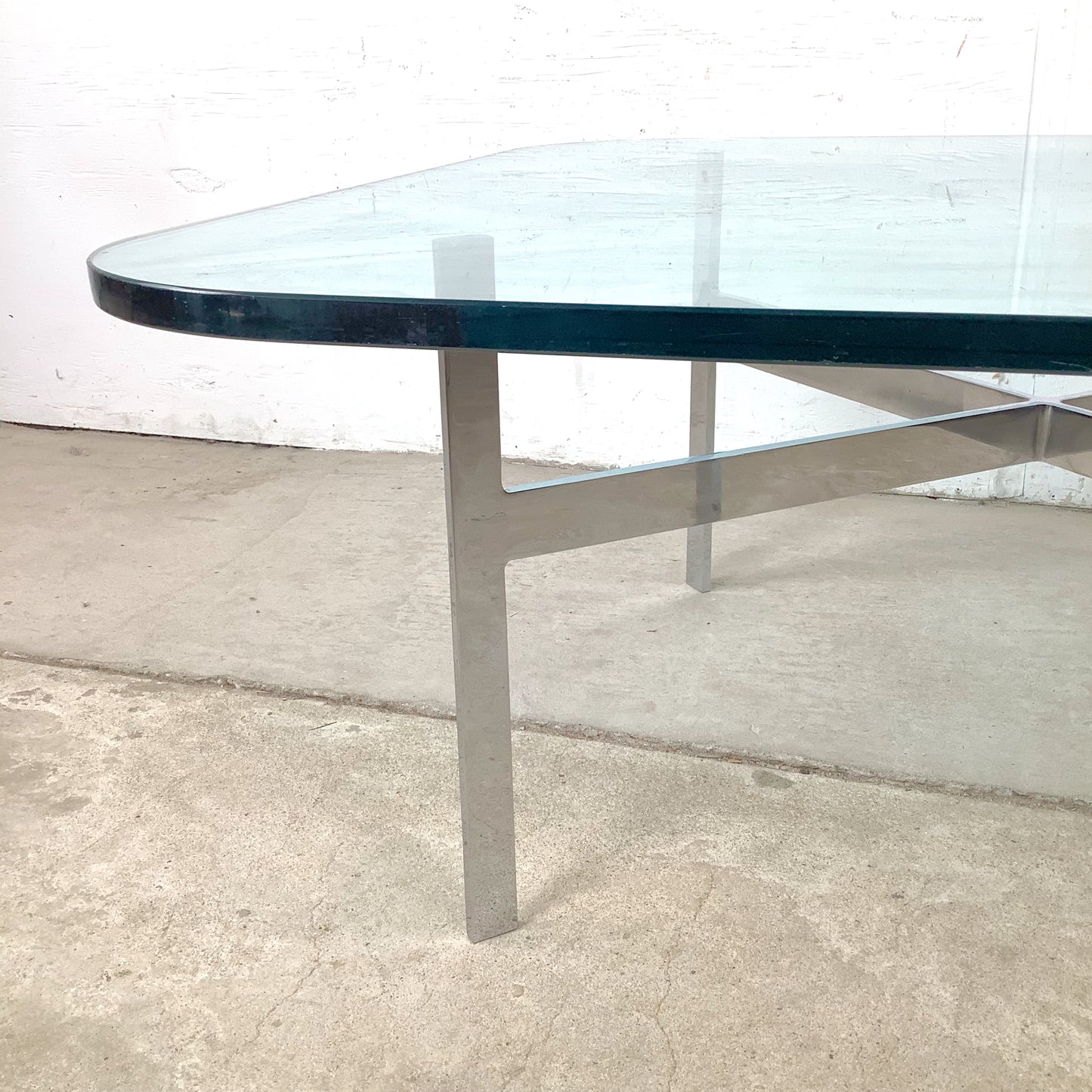 Vintage Barcelona-Style Coffee Table | Brushed Chrome X-Base | Thick Glass | 36" Square | c. 1970s–1980s