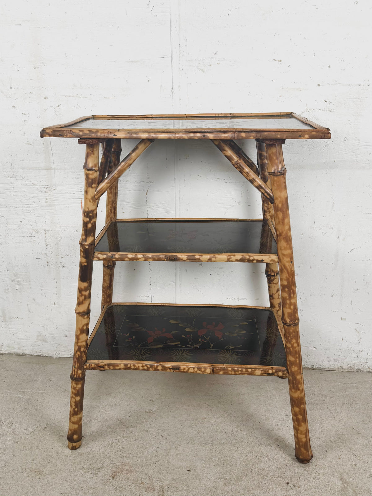 Antique Victorian Aesthetic Movement Tiger Bamboo Three-Tier Side Table with Floral Shelves