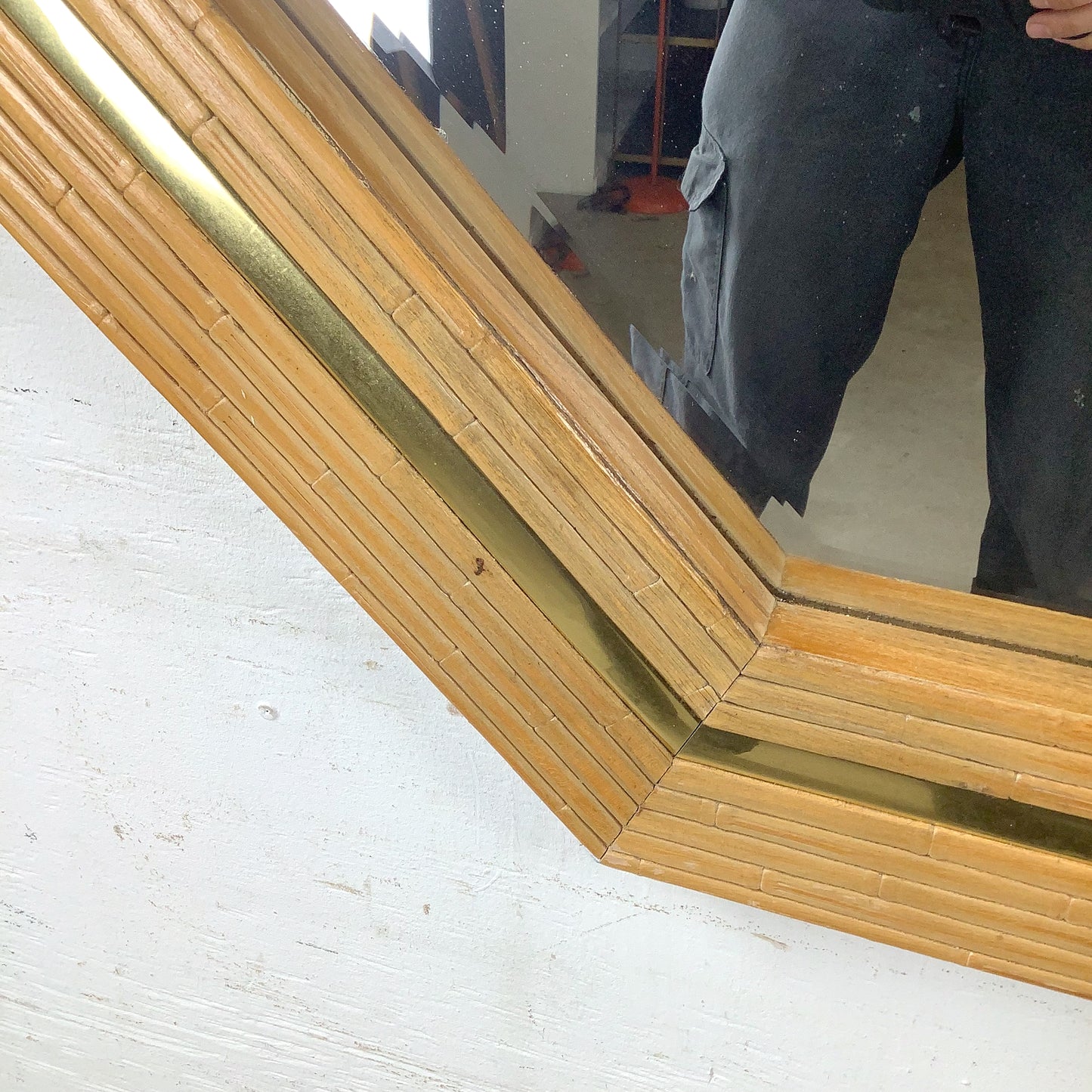 Vintage Modern Boho Octagonal Mirror with Faux Bamboo Wood Frame