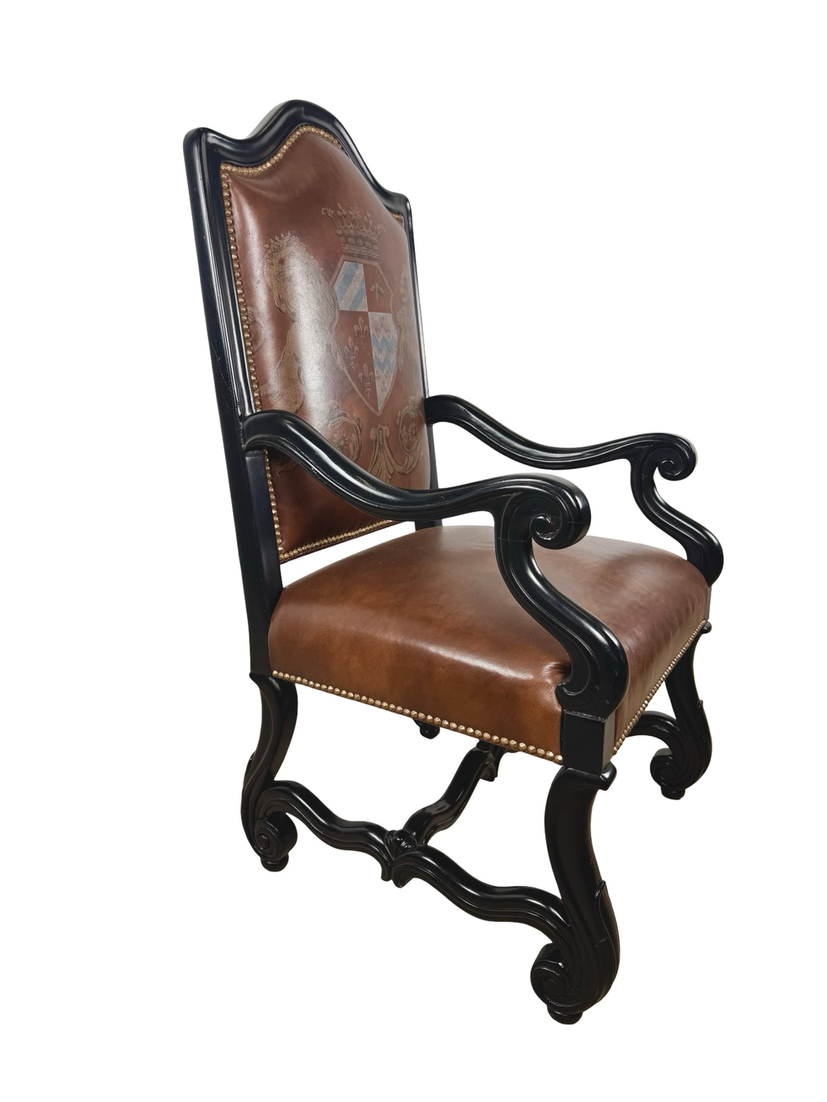 Ferguson Copeland Carved Wood & Leather Crest Armchair