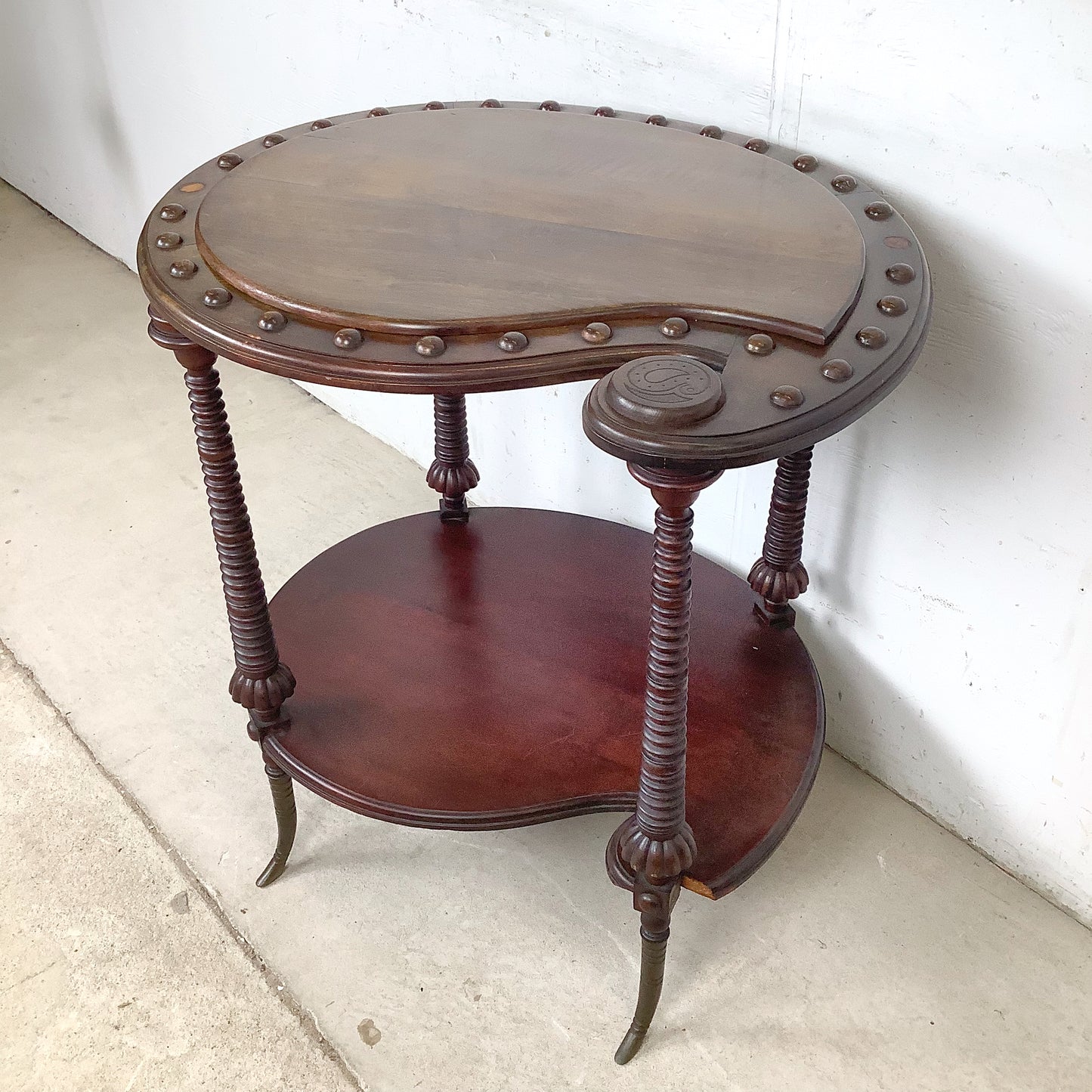Antique Mahogany Two-Tier Kidney Table | Bobbin Turning | Brass Sabre Feet