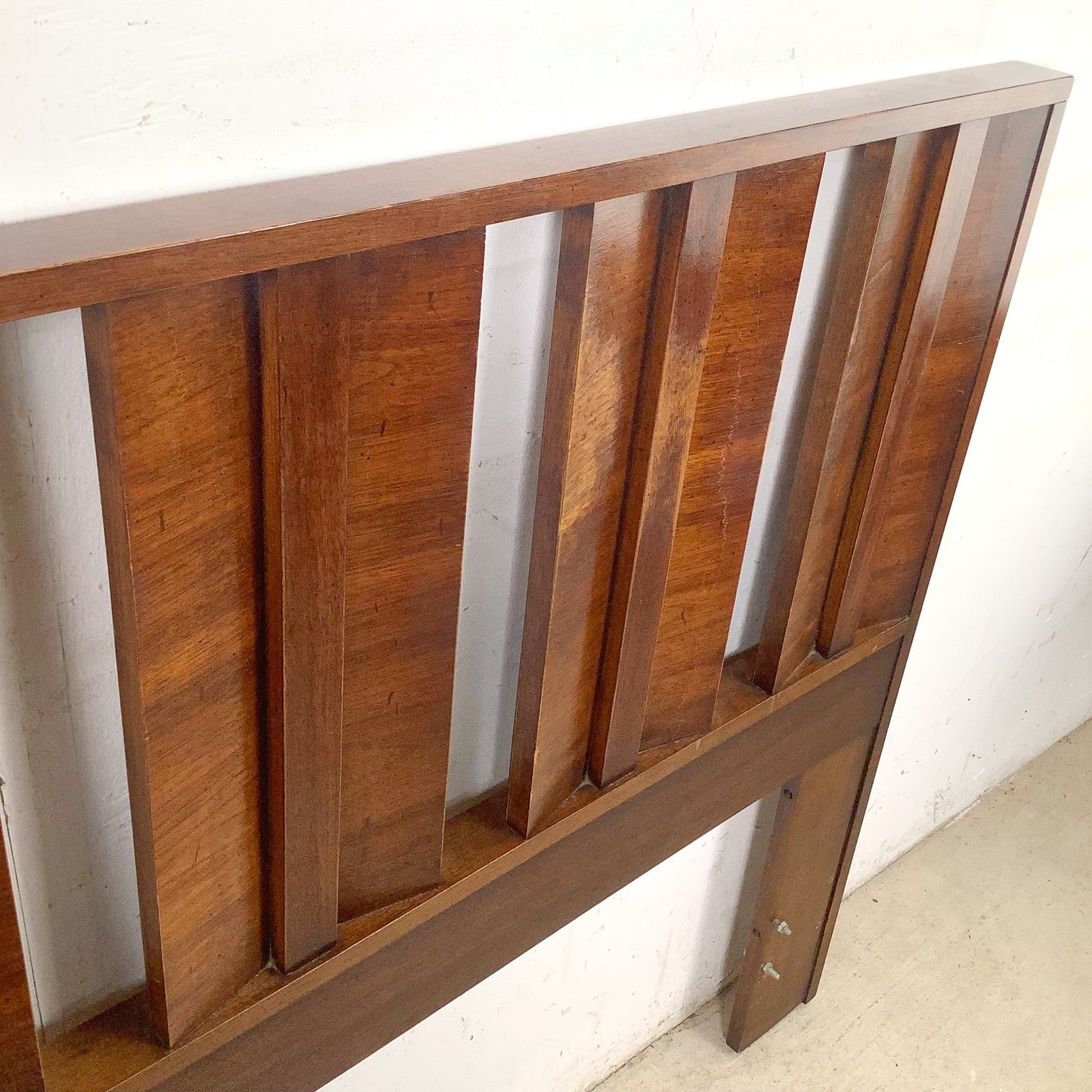 Vintage Mid-Century Modern Walnut Queen Headboard with Architectural Vertical Slat Design
