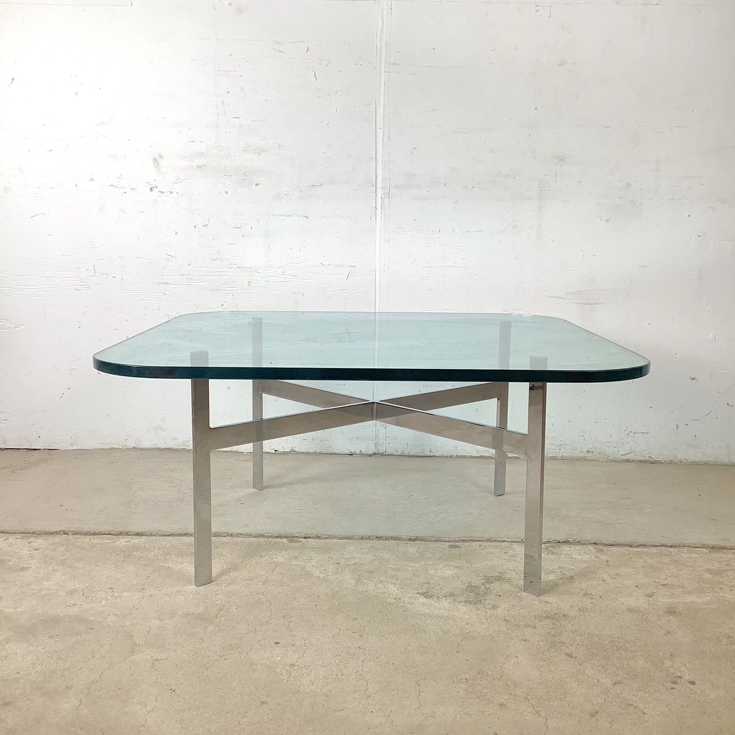 Vintage Barcelona-Style Coffee Table | Brushed Chrome X-Base | Thick Glass | 36" Square | c. 1970s–1980s