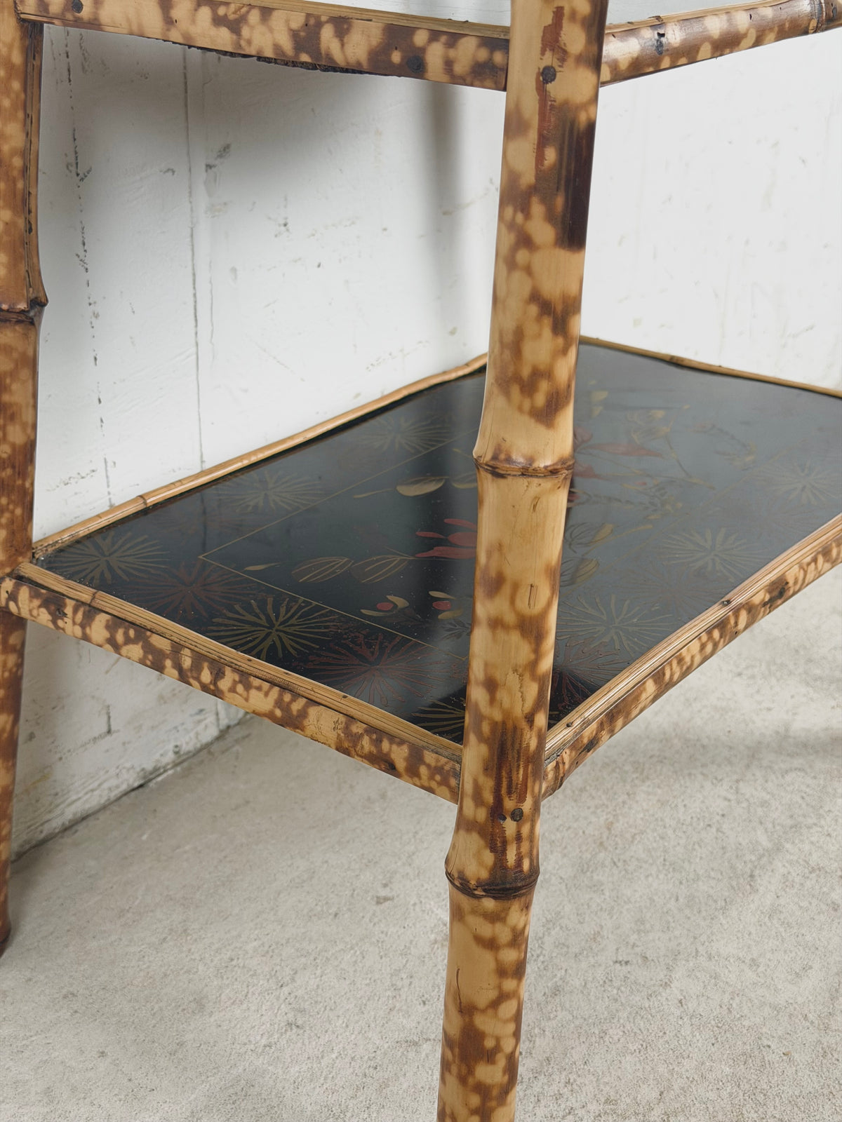 Antique Victorian Aesthetic Movement Tiger Bamboo Three-Tier Side Table with Floral Shelves