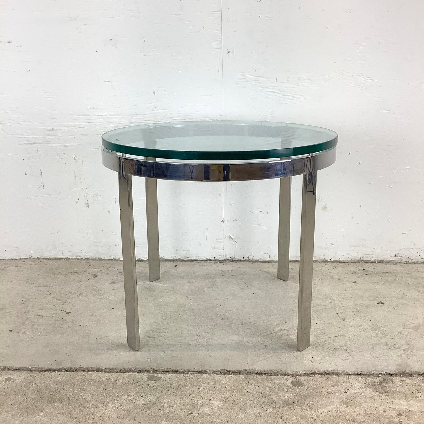 Vintage Circular Glass Top End Table with Polished Chrome Base