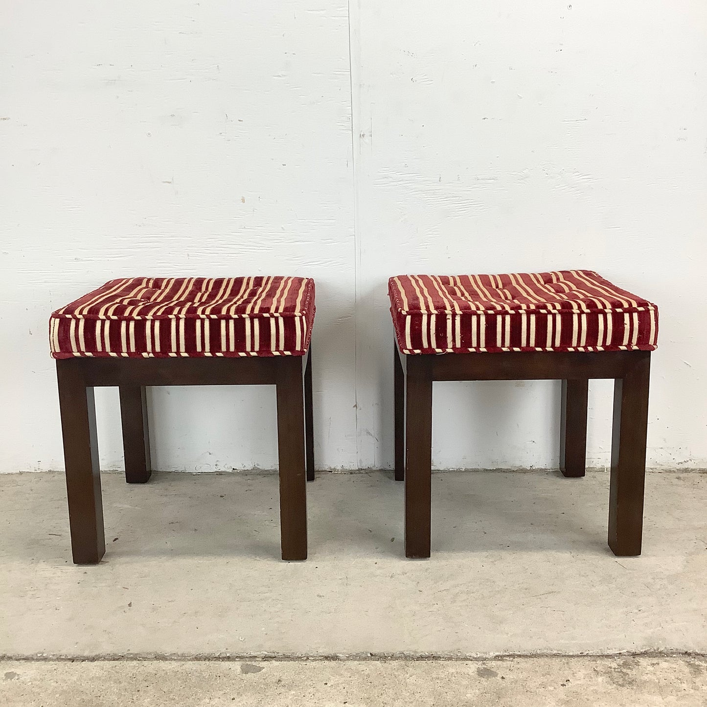 Pair of Vintage Mid-Century Tufted Footstools with Striped Fabric