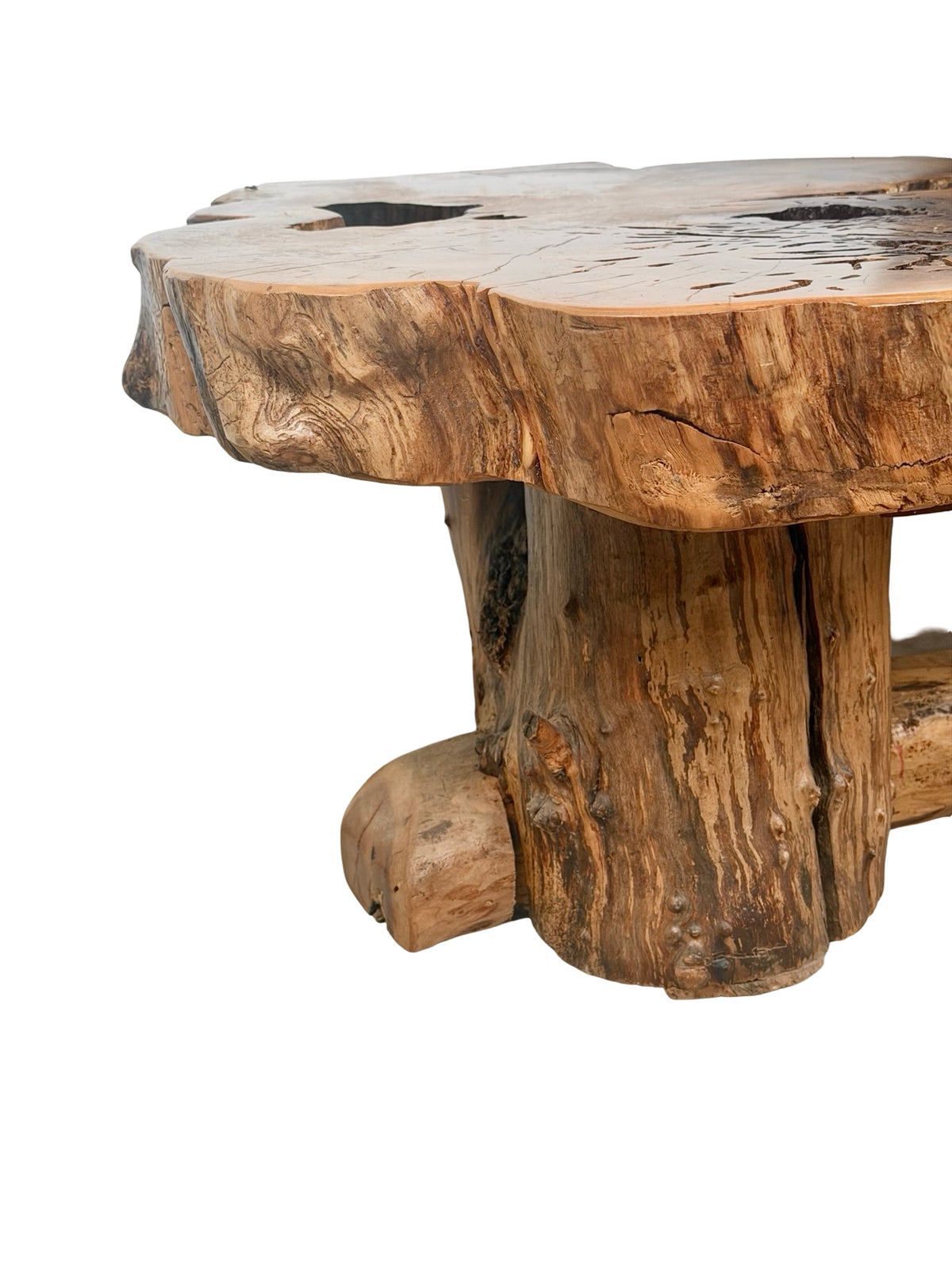 Vintage Two-Tier Live Edge Wood Coffee Table with Sculptural Trunk Base