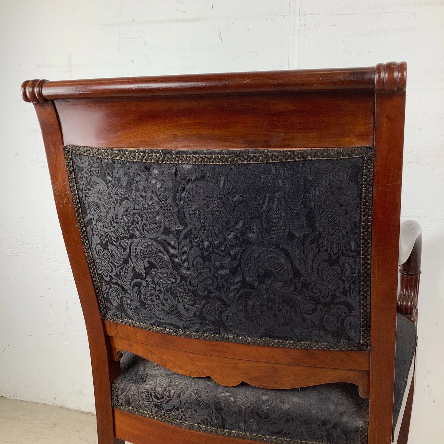 Empire Style Mahogany Armchair | Carved Acanthus Frame | Black Damask Upholstery | Neoclassical