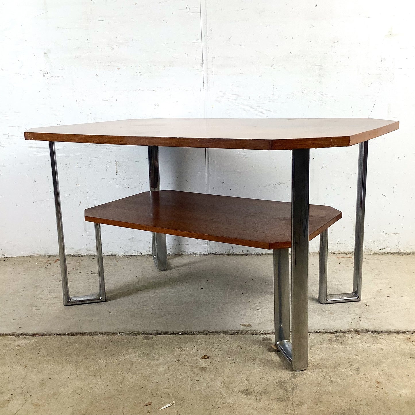 Vintage Modern Coffee Table with Bookmatched Veneer Top and Chrome Base