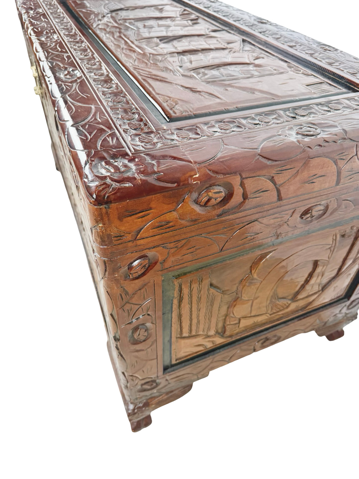 Vintage Asian Carved Wood Storage Chest with Figural Relief Carvings