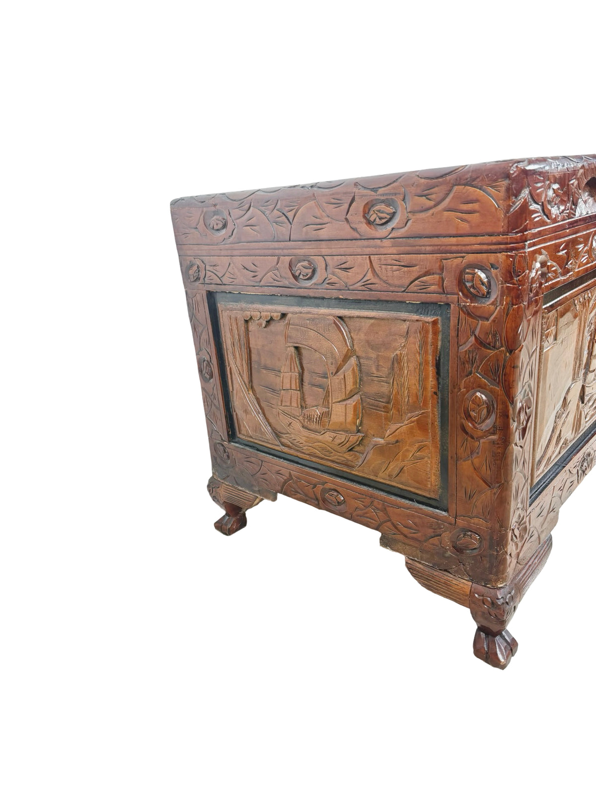 Vintage Asian Carved Wood Storage Chest with Figural Relief Carvings