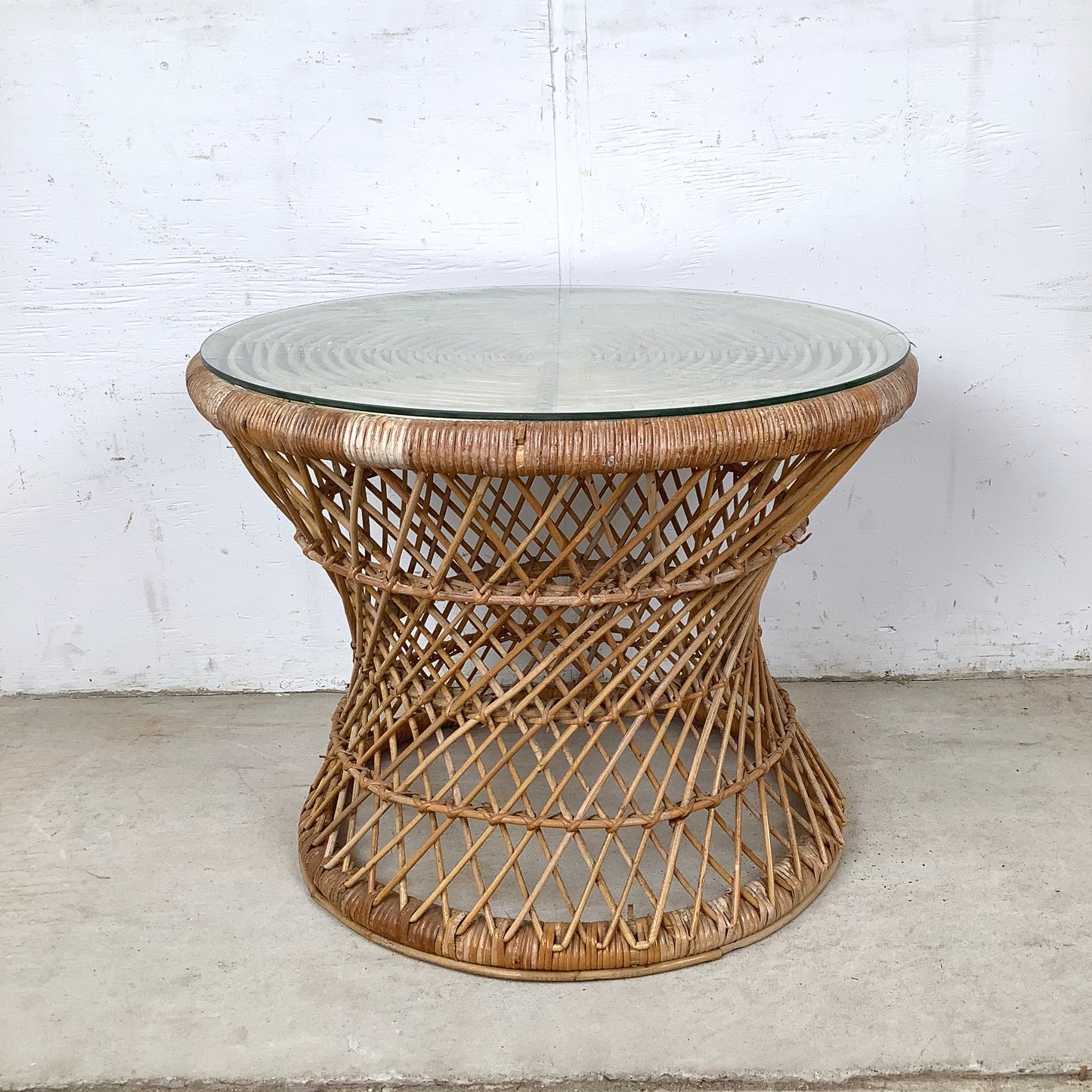 Vintage Wicker Drum Table With Glass Top