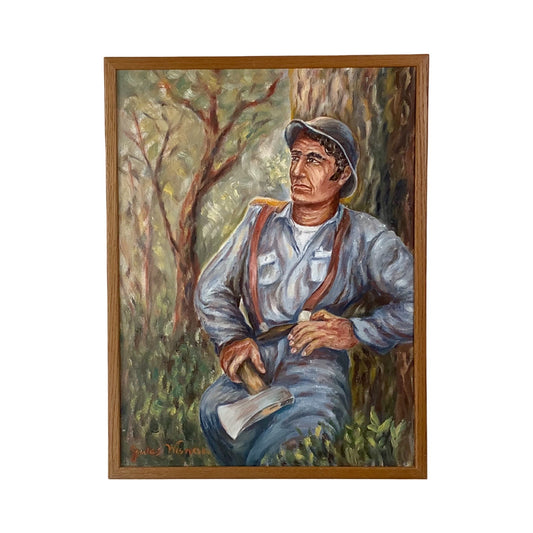 Mid-Century Figurative Oil Painting of Seated Woodsman — Jules Wisneski