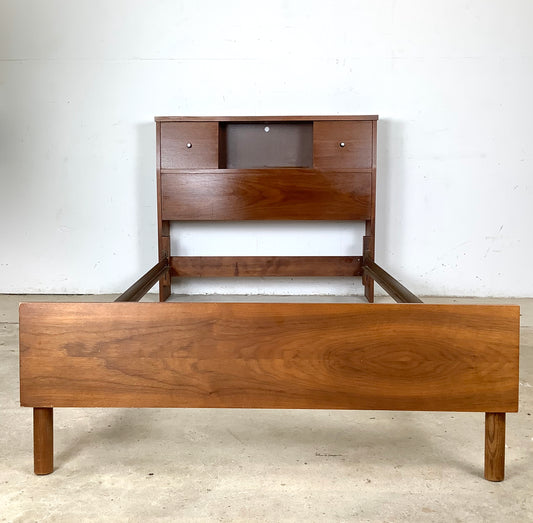 Mid-Century Walnut Twin Bed Frame with Storage Headboard
