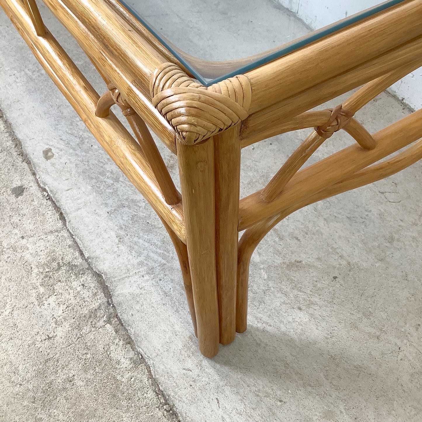 Vintage Rattan Cocktail Table, Cathedral Arch Apron with Glass Top