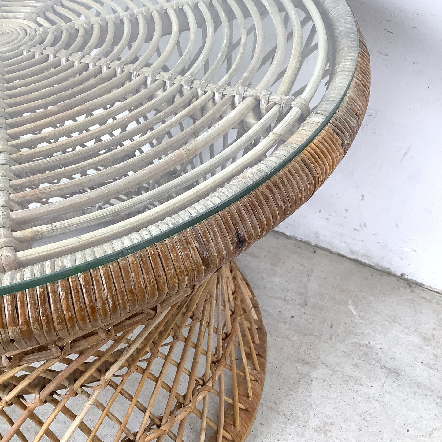 Vintage Wicker Drum Table With Glass Top