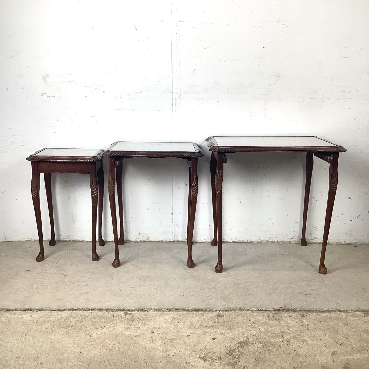 Vintage Queen Anne Style Nesting Tables with Tooled Leather Tops – Set of Three