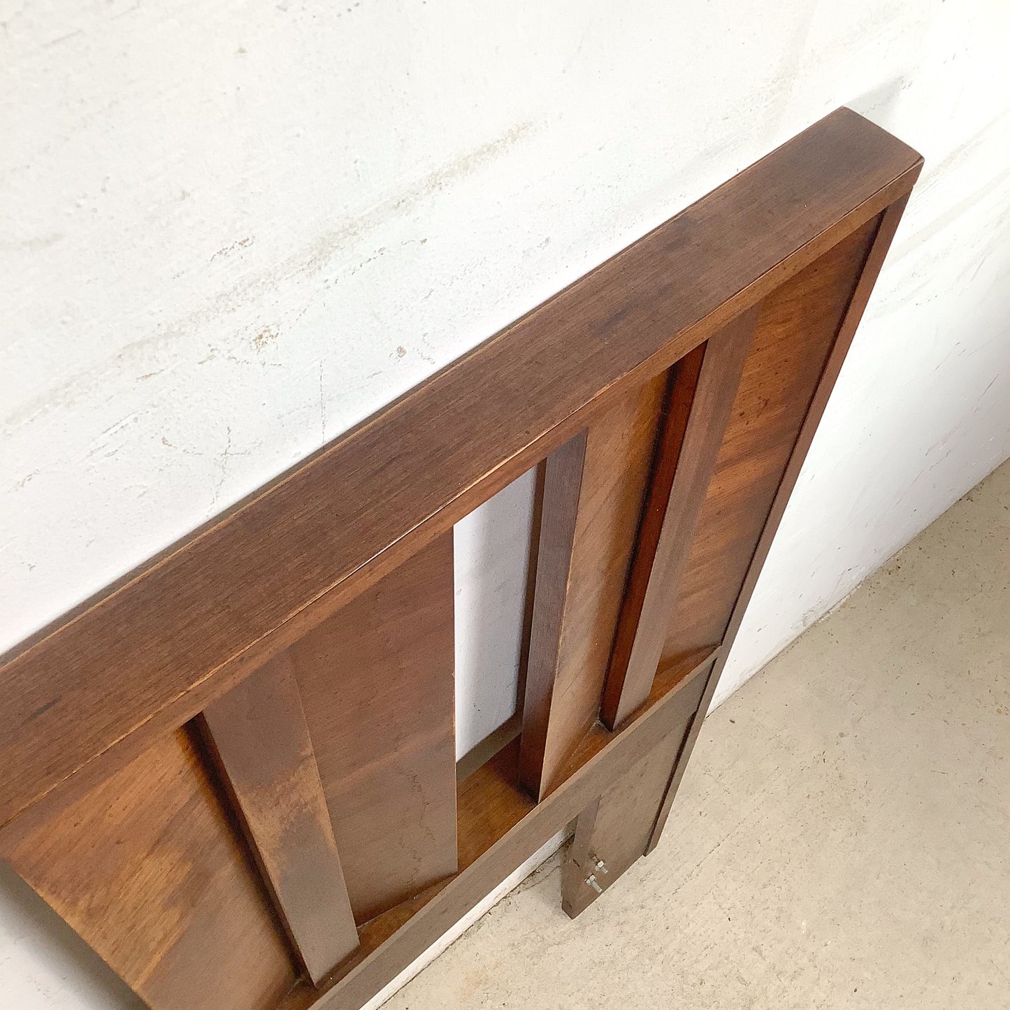 Vintage Mid-Century Modern Walnut Queen Headboard with Architectural Vertical Slat Design