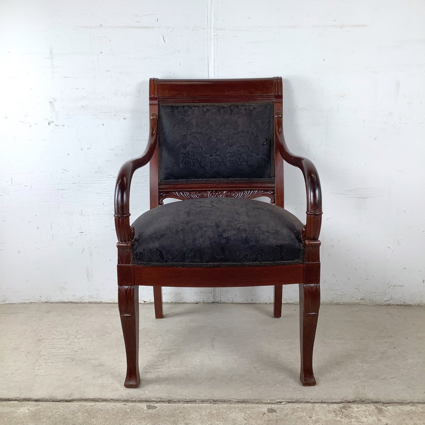 Empire Style Mahogany Armchair | Carved Acanthus Frame | Black Damask Upholstery | Neoclassical
