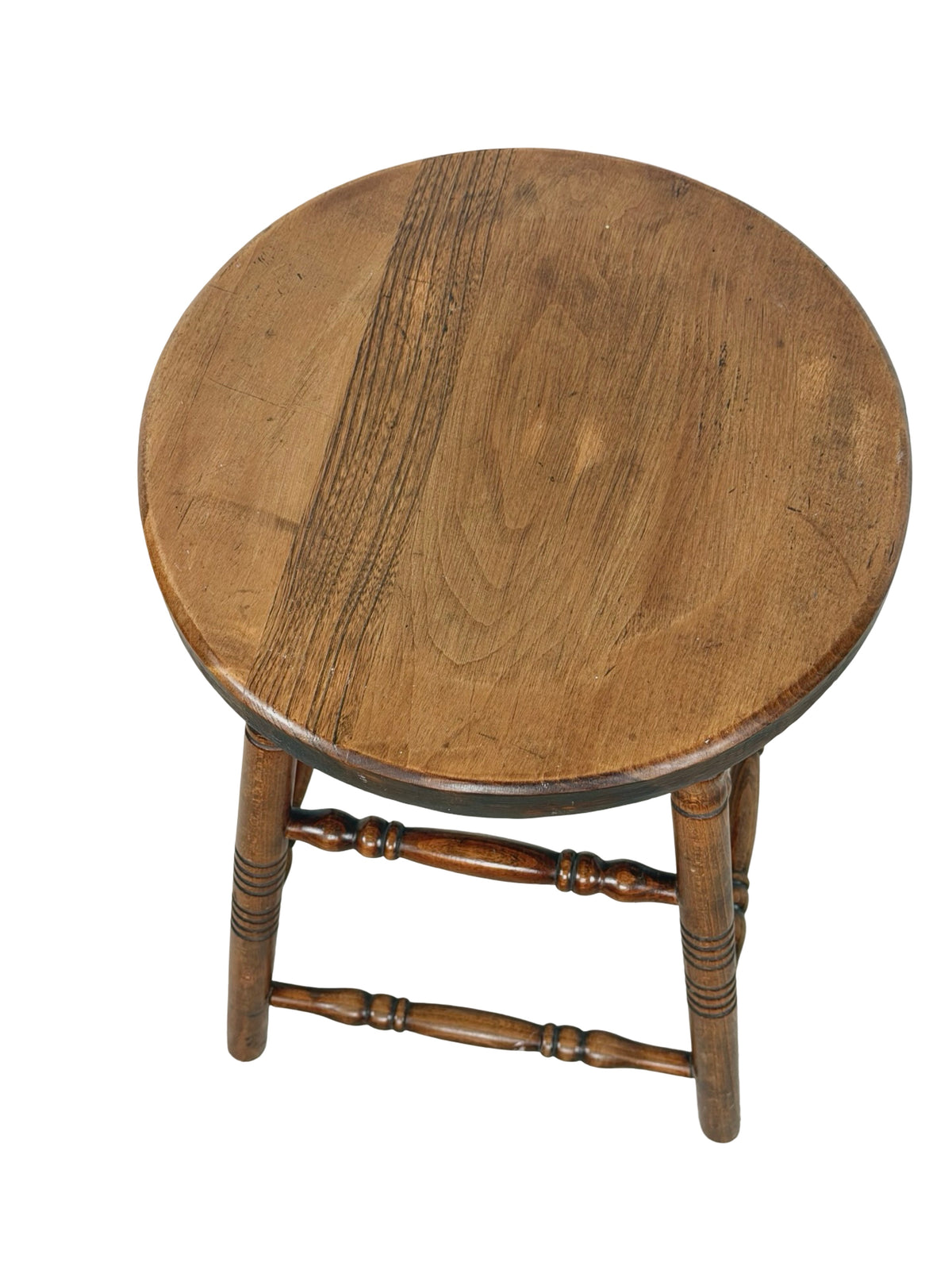 Antique Country Turned-Leg Round Wooden Stool, Primitive Farmhouse
