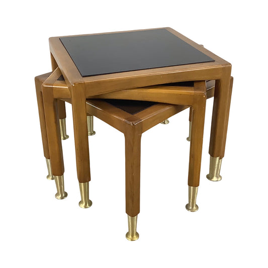 Mid-Century Modern Walnut Nesting Tables with Black Tops