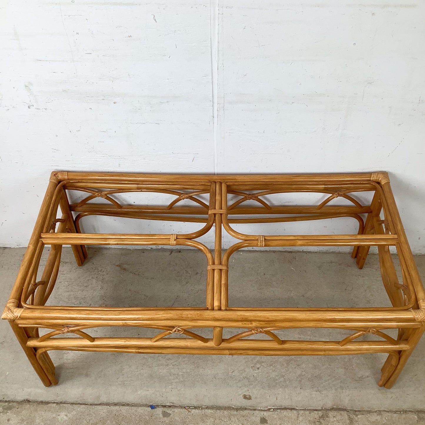 Vintage Rattan Cocktail Table, Cathedral Arch Apron with Glass Top